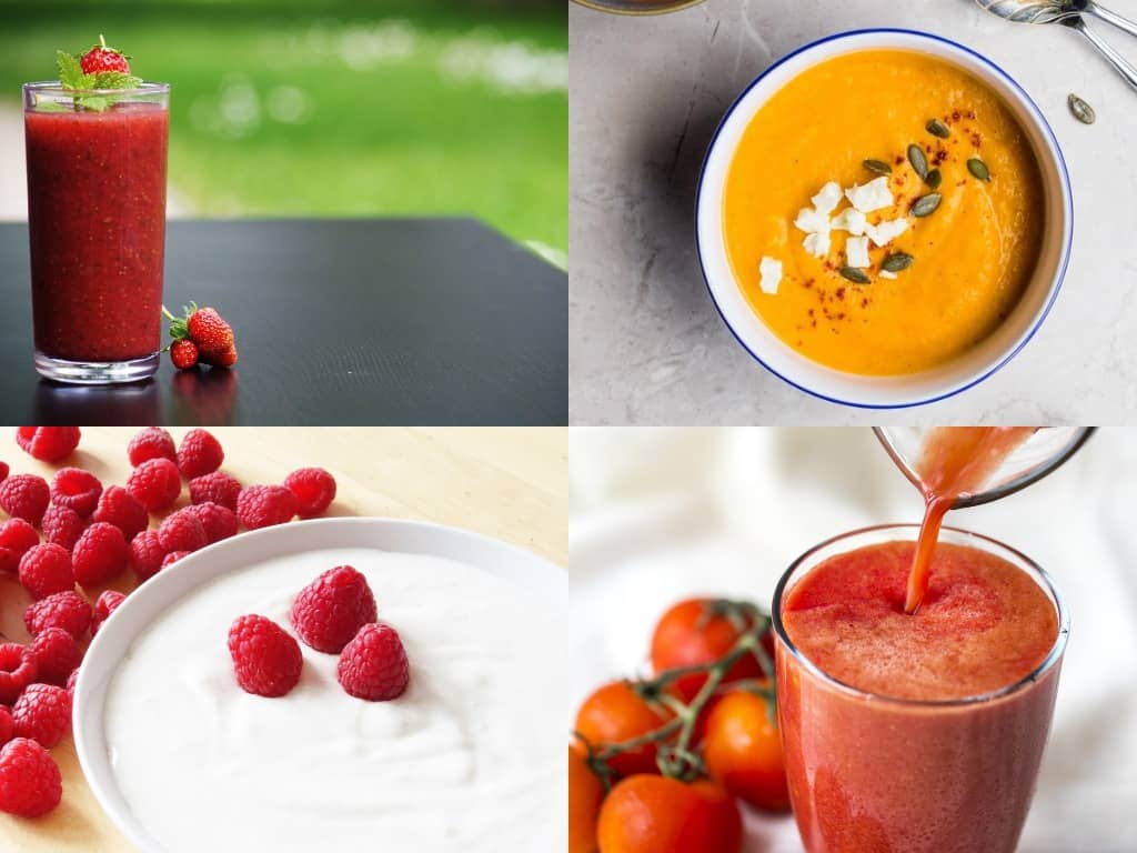 Soft foods to eat during recovery from implant placement - strawberry smoothie, soup, yoghurt, pureed tomotoes